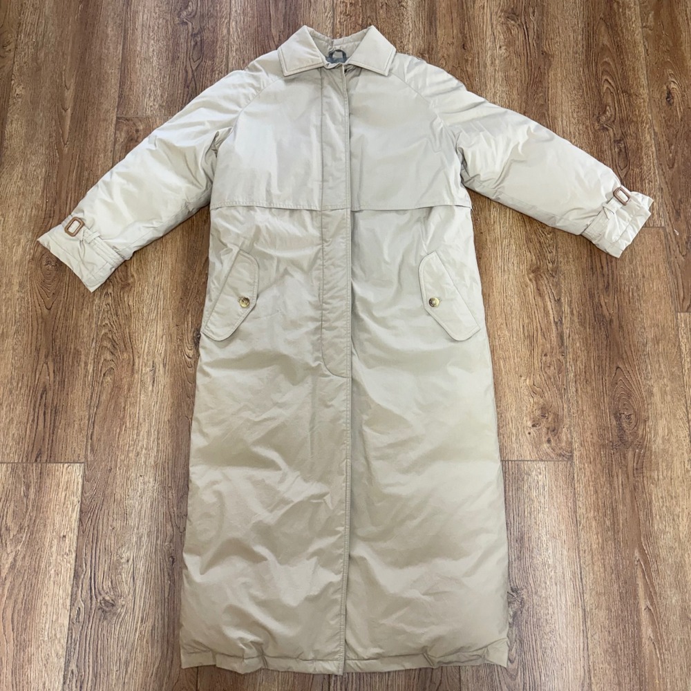 VTG Lands End Tan Goose Down Long Puffer Trench Coat Parka Jacket Womens Small